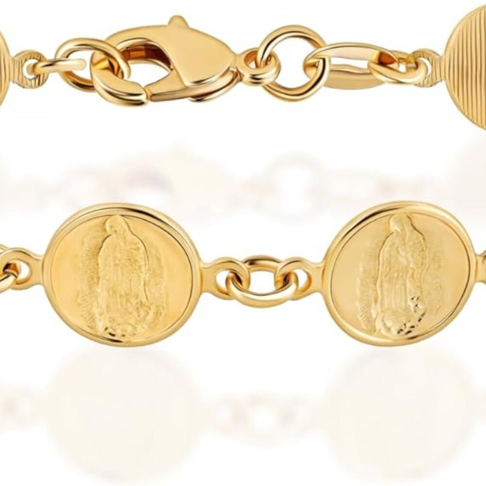 18K Gold Plated Virgin Mary Coin Bracelet, 7.5 Inches, Waterproof, High Polish F